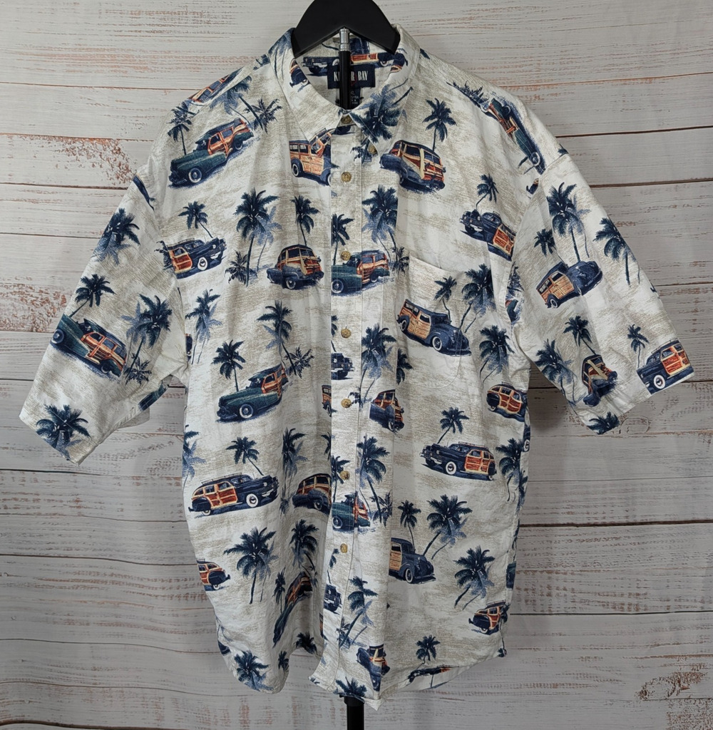 Keeler Bay Mens Button Down Shirt Vintage Cars Palm Trees Tropical XL